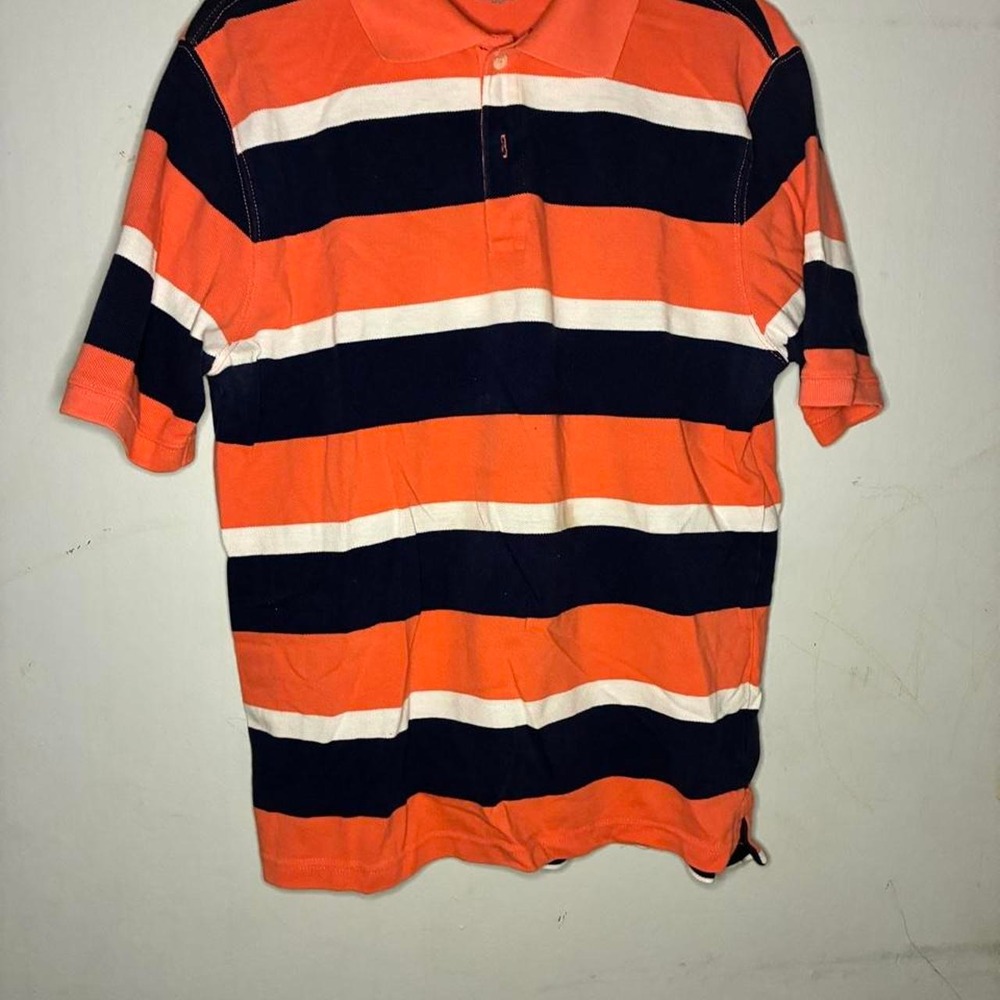 St. John's Bay orange, navy blue, and white horizontal striped cotton polo shirt